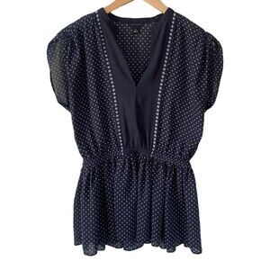 Ann Taylor cap sleeve navy polka dot peplum top XS